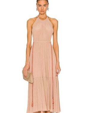 A.L.C. Ella Pleated Maxi Dress in Mauve Brown with Tassel Belt